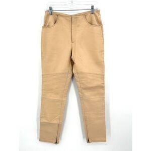 MONICA BIANCO Beige Tan 100% Leather Moto High Rise Slim Skinny Pants 8 / 44